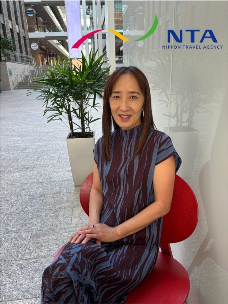 A woman with her company logo